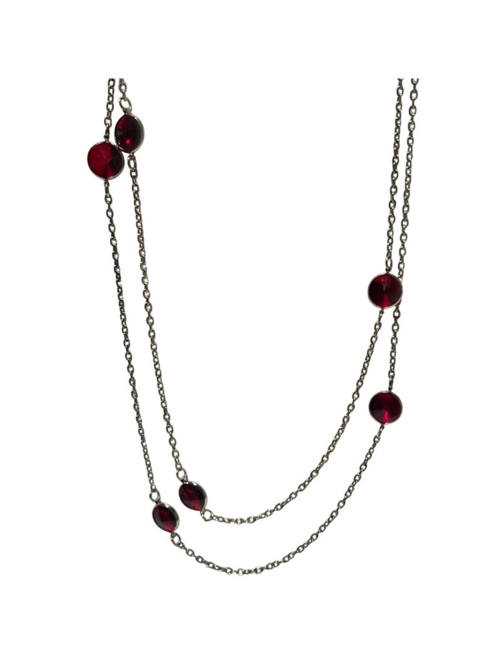Vintage Red Crystal Chain Necklace Double Layered Silver Tone Retro Jewelry